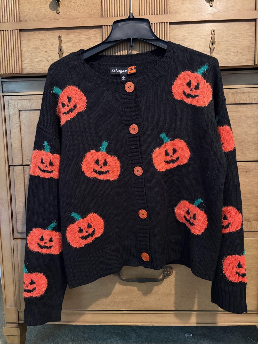 Halloween pumpkin Jack o lantern Cardigan sweater size L 33 degrees sparkle